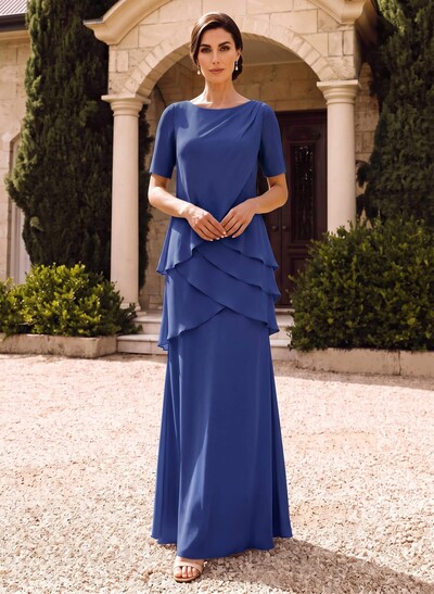 Sheath/Column Scoop Neck Short Sleeves Floor-Length Chiffon Mother Of The Bride Dresses With Cascading Ruffles