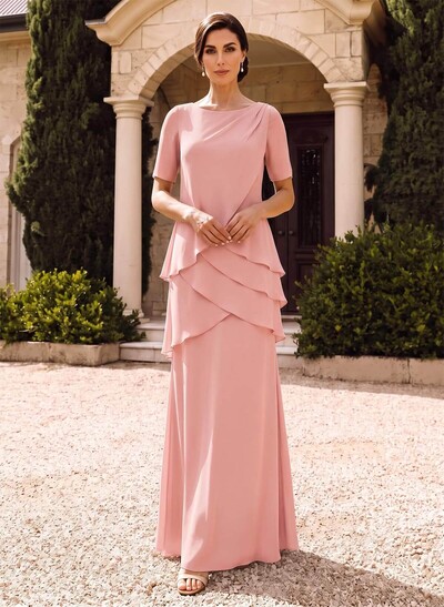 Sheath/Column Scoop Neck Short Sleeve Floor-Length Chiffon Mother of the Bride Dress with Cascading Ruffles