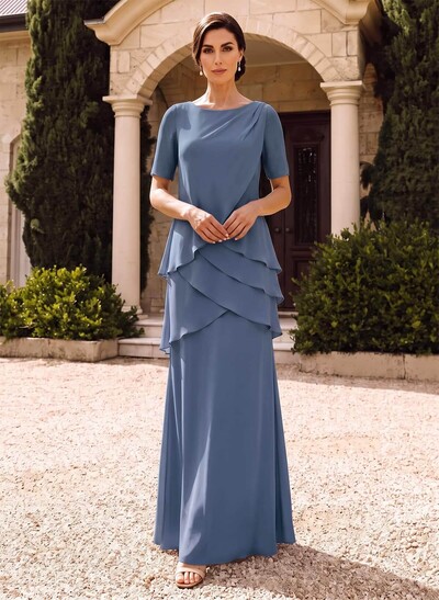 Column Scoop Neck Short Sleeve Floor-Length Chiffon Mother of the Bride Dress with Cascading Ruffles