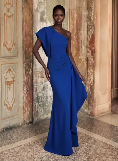 Fitted One-Shoulder Sleeveless Maxi Stretch Satin Mother Of The Bride Dress With Side Drape