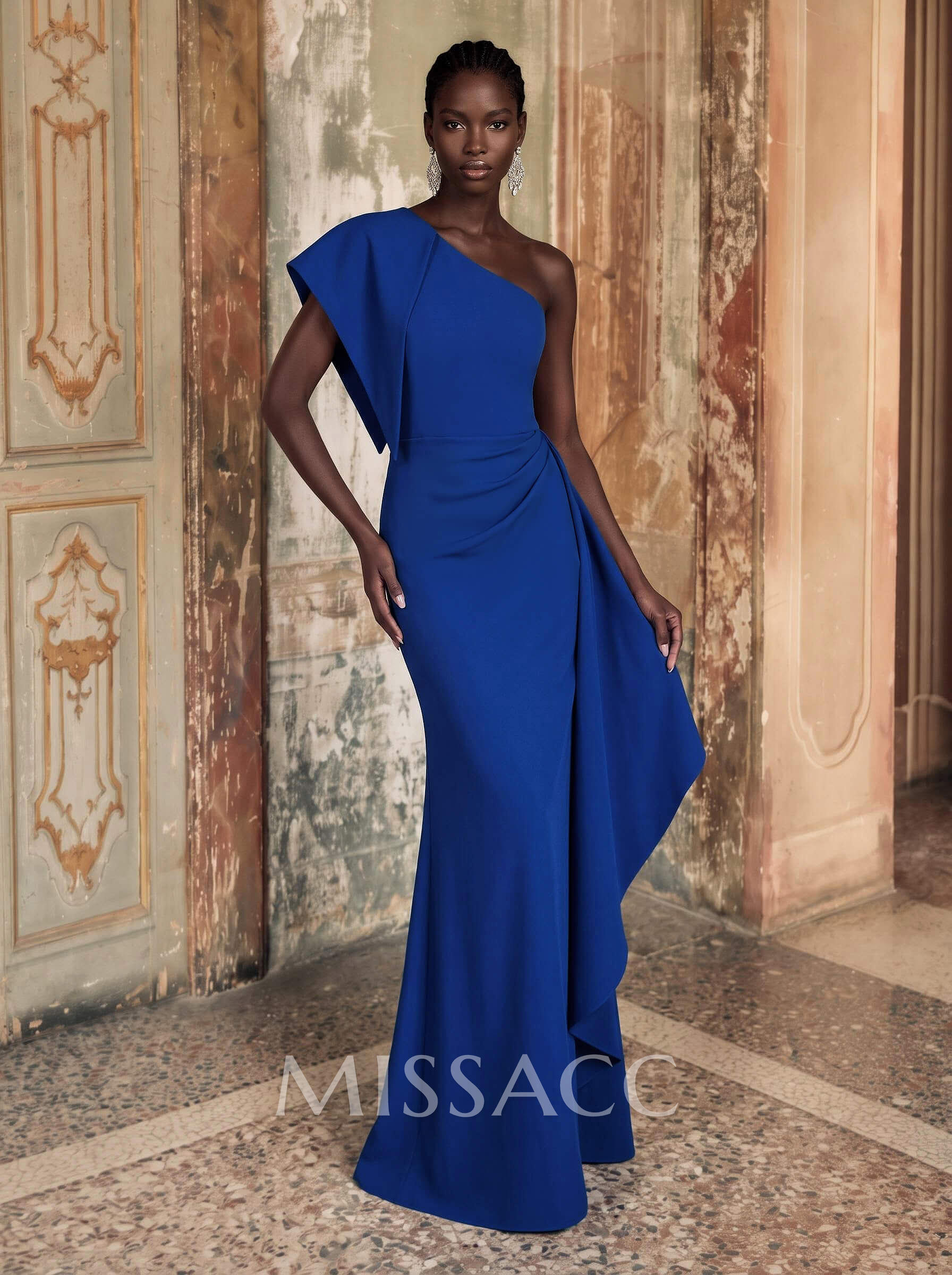 Sheath/Column One-Shoulder Sleeveless Floor-Length Elastic Satin Mother Of The Bride Dresses With Sweeping Side Drape