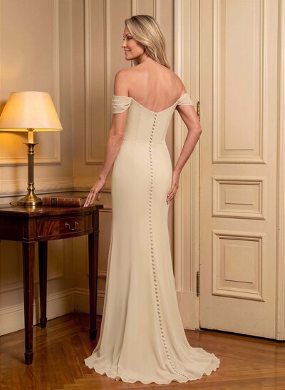 Trumpet/Mermaid Off-The-Shoulder Sleeveless Sweep Train Chiffon Mother Of The Bride Dresses With Cascading Ruffles