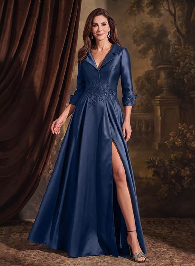 A-Line V-Neck Long Sleeves Sweep Train Satin Mother Of The Bride Dresses With Appliques Lace/High Split