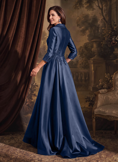 A-Line V-Neck Long Sleeves Sweep Train Satin Mother Of The Bride Dresses With Appliques Lace/High Split