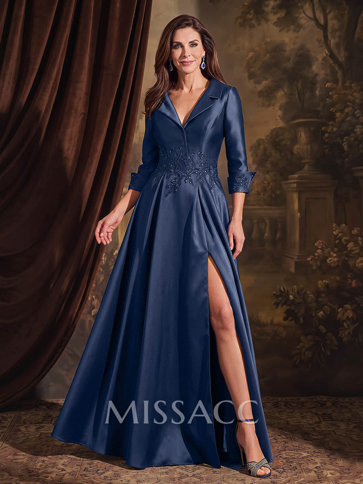 A-Line V-Neck Long Sleeves Sweep Train Satin Mother Of The Bride Dresses With Appliques Lace/High Split