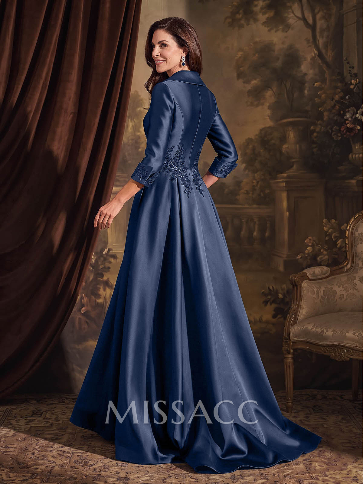 A-Line V-Neck Long Sleeves Sweep Train Satin Mother Of The Bride Dresses With Appliques Lace/High Split