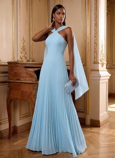 Sleeveless Halter Maxi Chiffon Column Mother Of The Bride Dress With Pleats