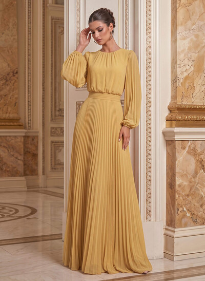 Sheath/Column Scoop Neck Long Sleeves Floor-Length Chiffon Mother Of The Bride Dresses With Pleated