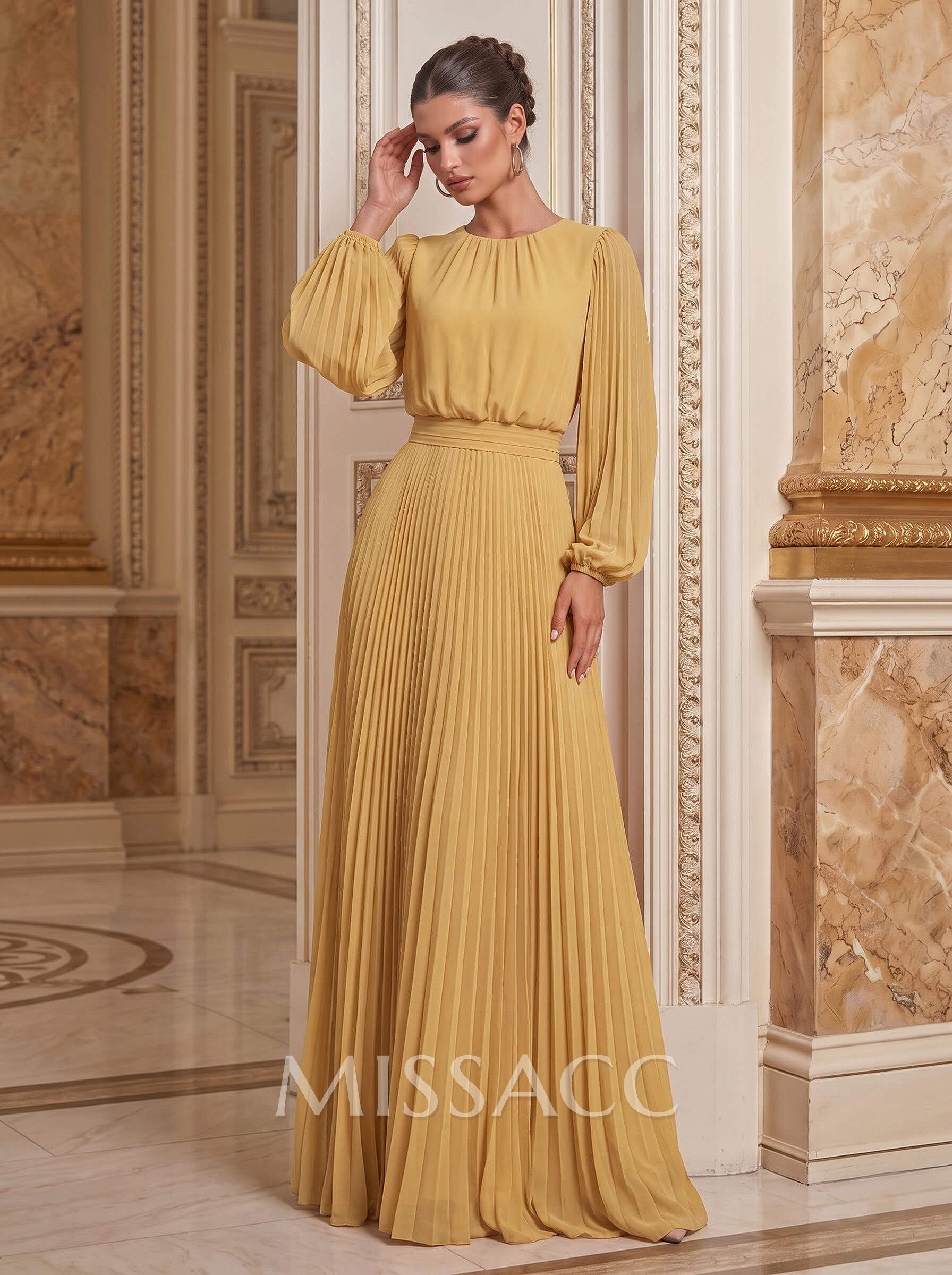 Sheath/Column Scoop Neck Long Sleeves Floor-Length Chiffon Mother Of The Bride Dresses With Pleated