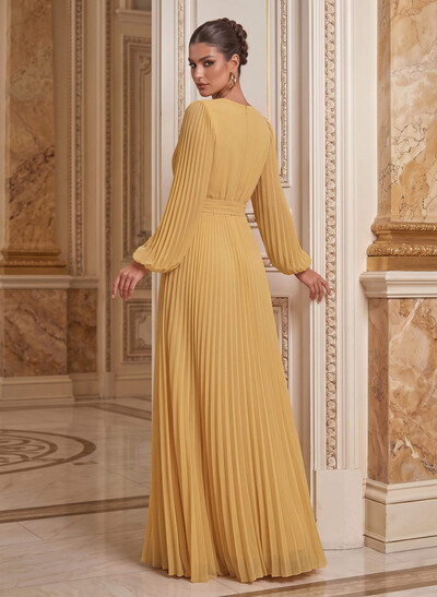 Sheath/Column Scoop Neck Long Sleeves Floor-Length Chiffon Mother Of The Bride Dresses With Pleated