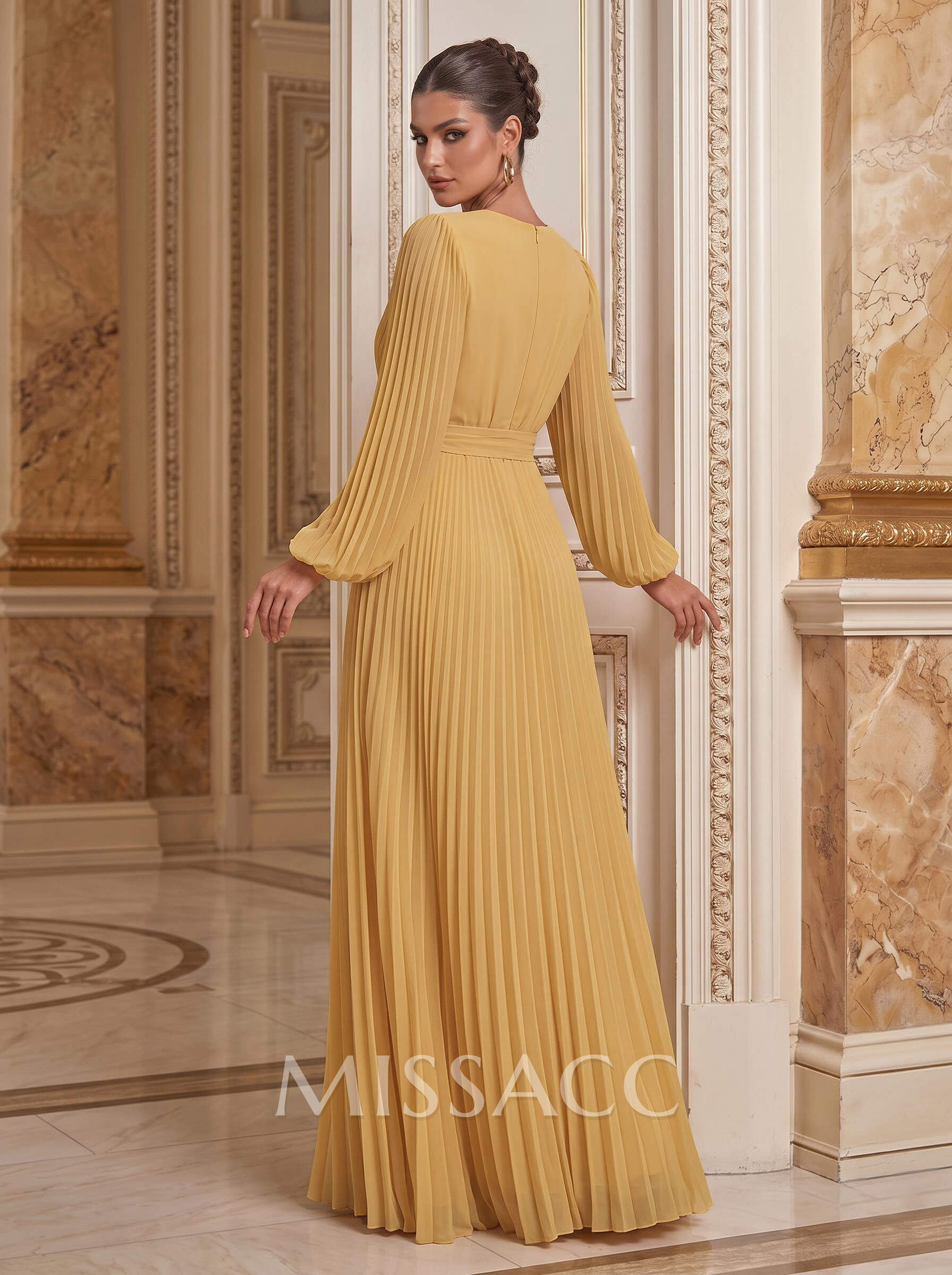 Sheath/Column Scoop Neck Long Sleeves Floor-Length Chiffon Mother Of The Bride Dresses With Pleated
