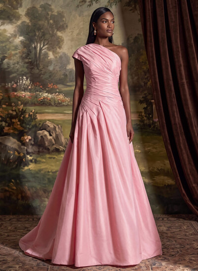 A-Line One-Shoulder Sleeveless Sweep Train Taffeta Mother Of The Bride Dresses With Pleated