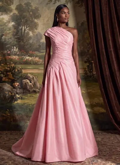 A-Line One-Shoulder Sleeveless Sweep Train Taffeta Mother Of The Bride Dress With Pleats