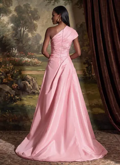 A-Line One-Shoulder Sleeveless Sweep Train Taffeta Mother Of The Bride Dress With Pleats