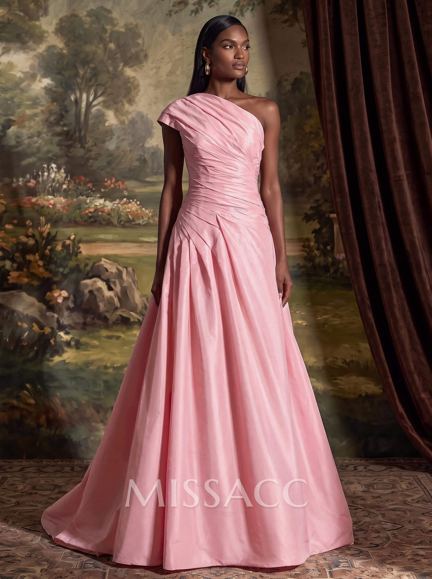 A-Line One-Shoulder Sleeveless Sweep Train Taffeta Mother Of The Bride Dresses With Pleated