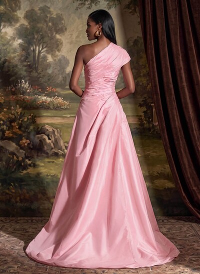 A-Line One-Shoulder Sleeveless Sweep Train Taffeta Mother Of The Bride Dresses With Pleated