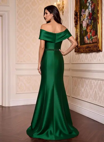 Satin Mermaid Off-The-Shoulder Mother Of The Bride Dress With Cape Sleeves, Sweep Train And Front Split