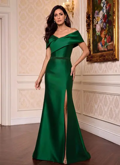 Satin Mermaid Off-The-Shoulder Mother Of The Bride Dress With Cape Sleeves, Sweep Train And Front Split