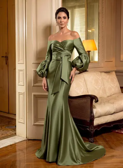 Mermaid/Trumpet Off-The-Shoulder Long Sleeve Satin Mother Of The Bride Dress With Sweep Train & Sash