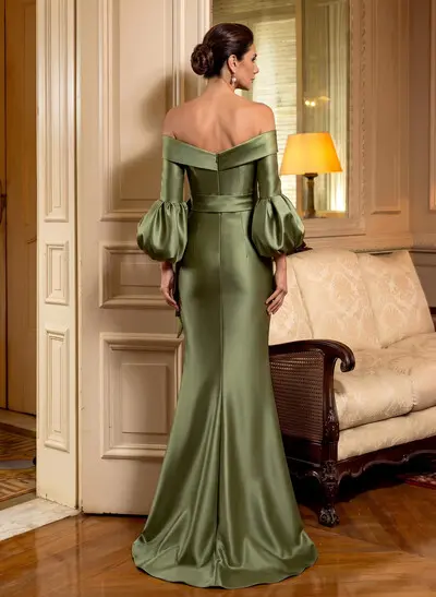 Mermaid/Trumpet Off-The-Shoulder Long Sleeve Satin Mother Of The Bride Dress With Sweep Train & Sash