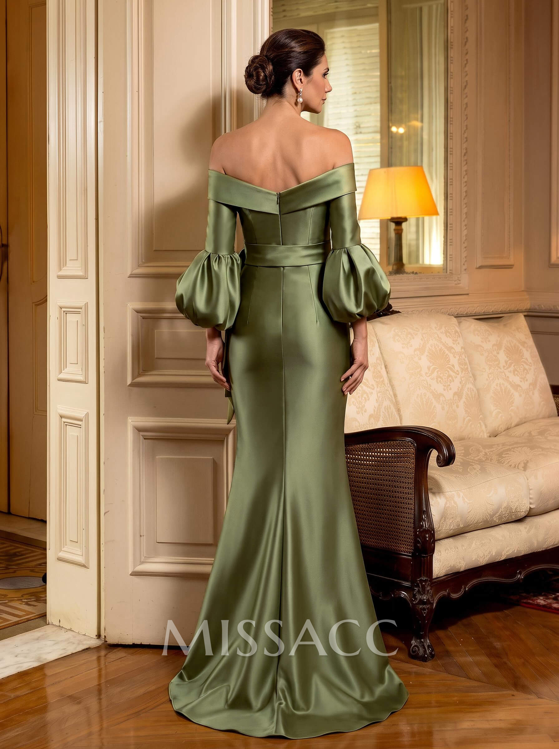 Trumpet/Mermaid Off-The-Shoulder Long Sleeves Sweep Train Satin Mother Of The Bride Dresses With Sash