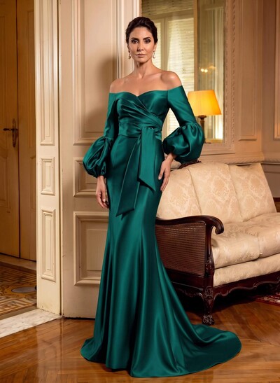 Trumpet/Mermaid Off-The-Shoulder Long Sleeves Sweep Train Satin Mother Of The Bride Dresses With Sash