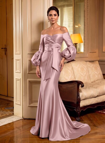 Off-The-Shoulder Long Sleeve Satin Mermaid Mother Of The Bride Dress With Sweep Train & Sash