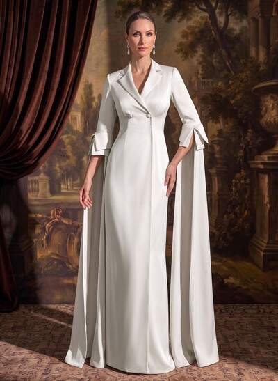 Sheath/Column V-Neck Cape Sleeves Floor-Length Crepe Satin Mother Of The Bride Dresses