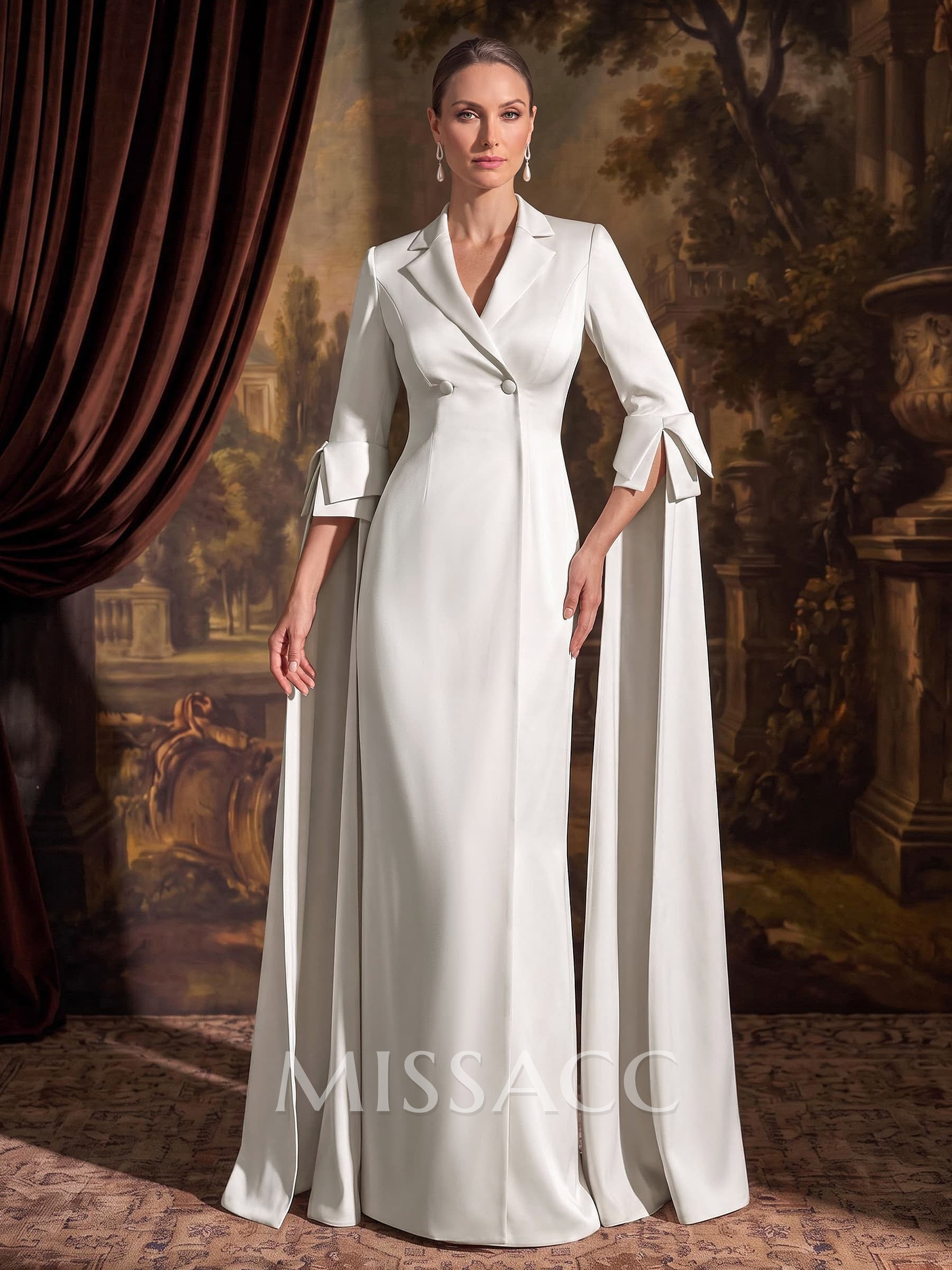 Sheath/Column V-Neck Cape Sleeves Floor-Length Crepe Satin Mother Of The Bride Dresses