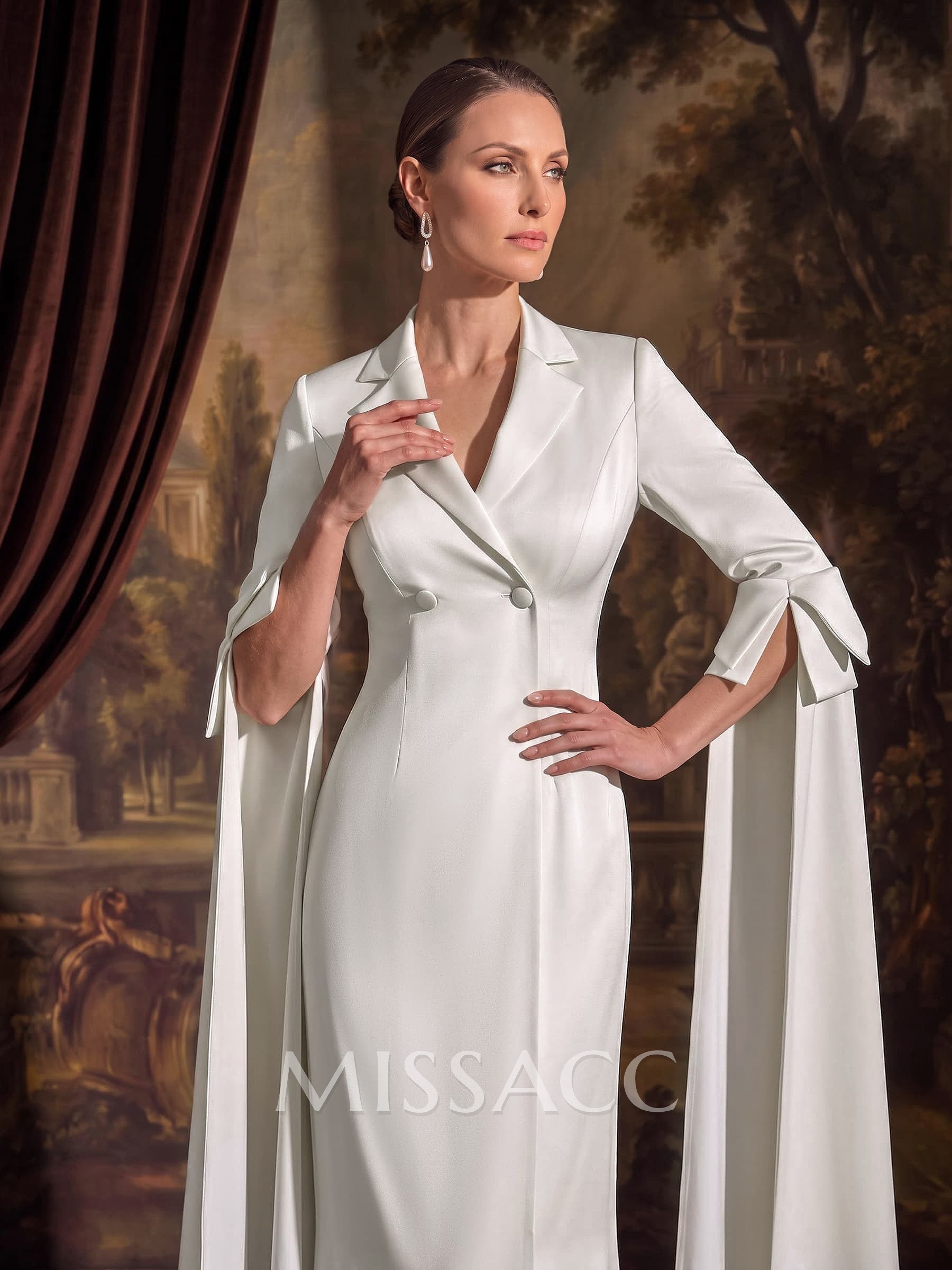 Sheath/Column V-Neck Cape Sleeves Floor-Length Crepe Satin Mother Of The Bride Dresses