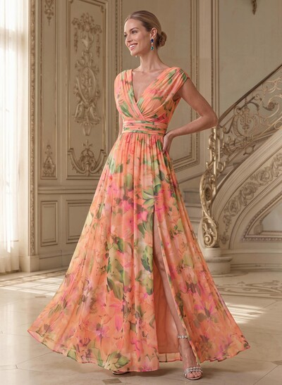 A-Line V-Neck Cape Sleeves Floor-Length Floral Chiffon Mother Of The Bride Dresses With High Split/Floral-Print