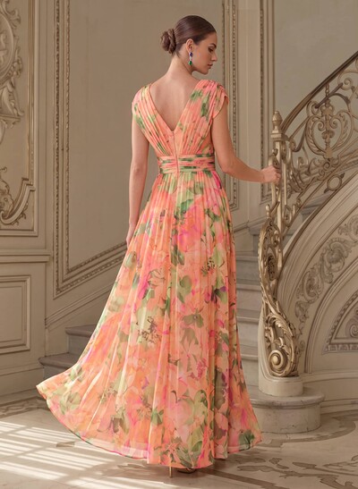 A-Line V-Neck Cape Sleeves Floor-Length Floral Chiffon Mother Of The Bride Dresses With High Split/Floral-Print