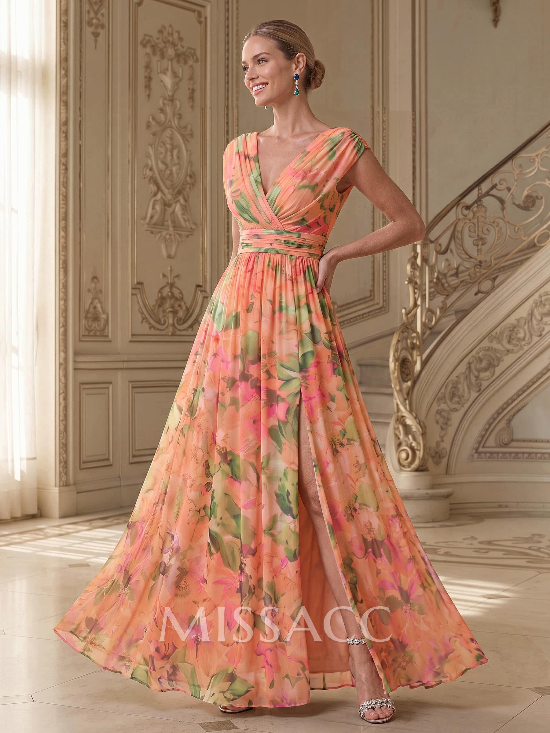 A-Line V-Neck Cape Sleeves Floor-Length Floral Chiffon Mother Of The Bride Dresses With High Split/Floral-Print