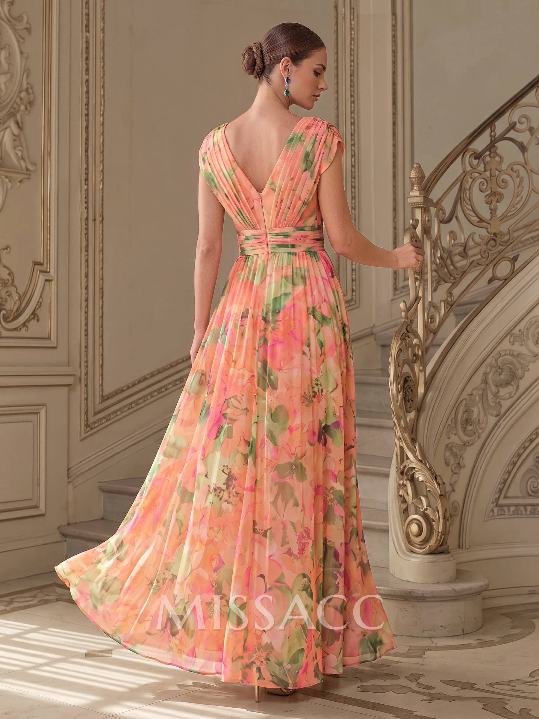 A-Line V-Neck Cape Sleeves Floor-Length Floral Chiffon Mother Of The Bride Dresses With High Split/Floral-Print