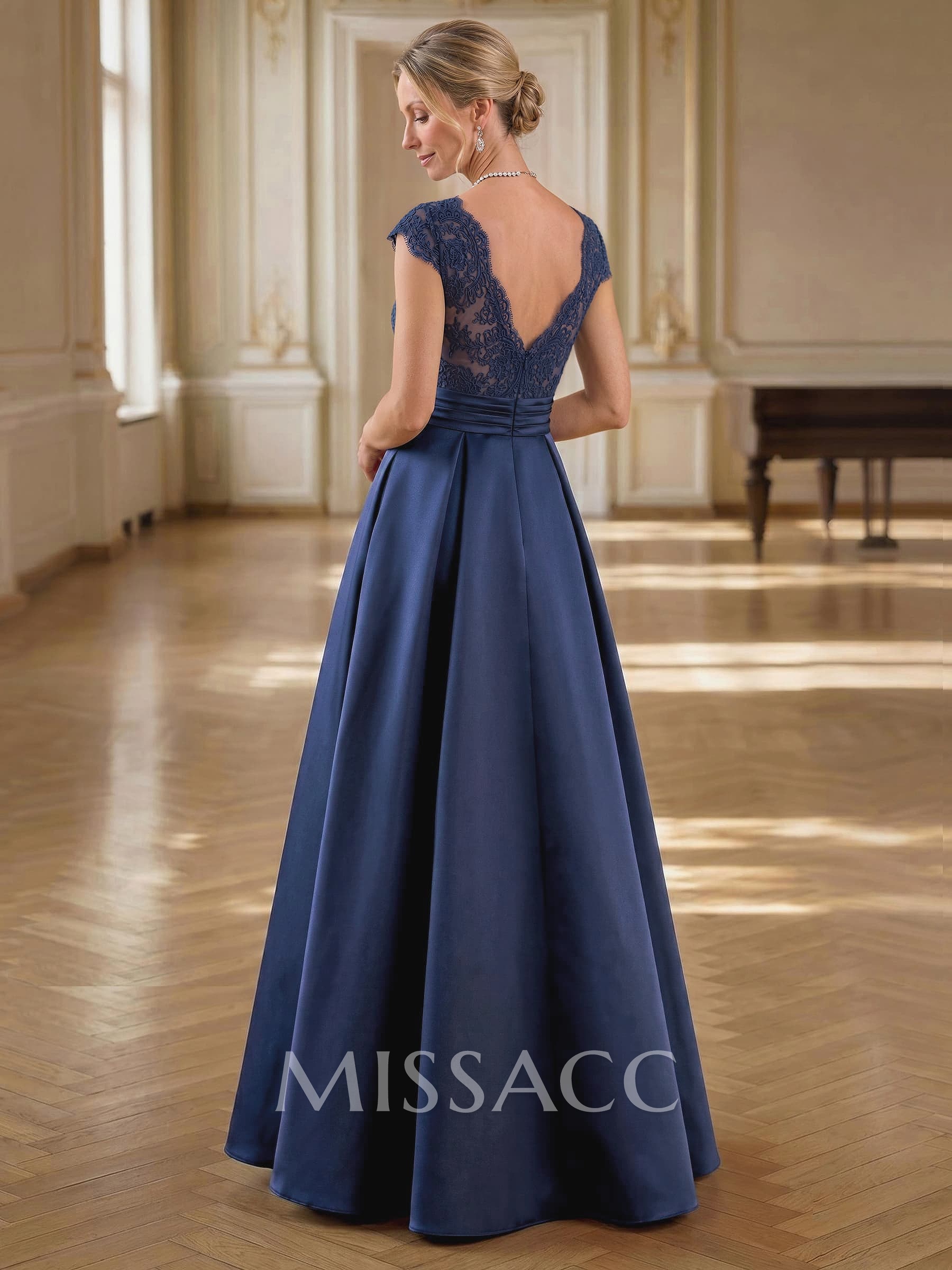 A-Line Plunge Neck Sleeveless Floor-Length Lace/Satin/Tulle Mother Of The Bride Dresses With Lace/Pleated/Sash/High Split