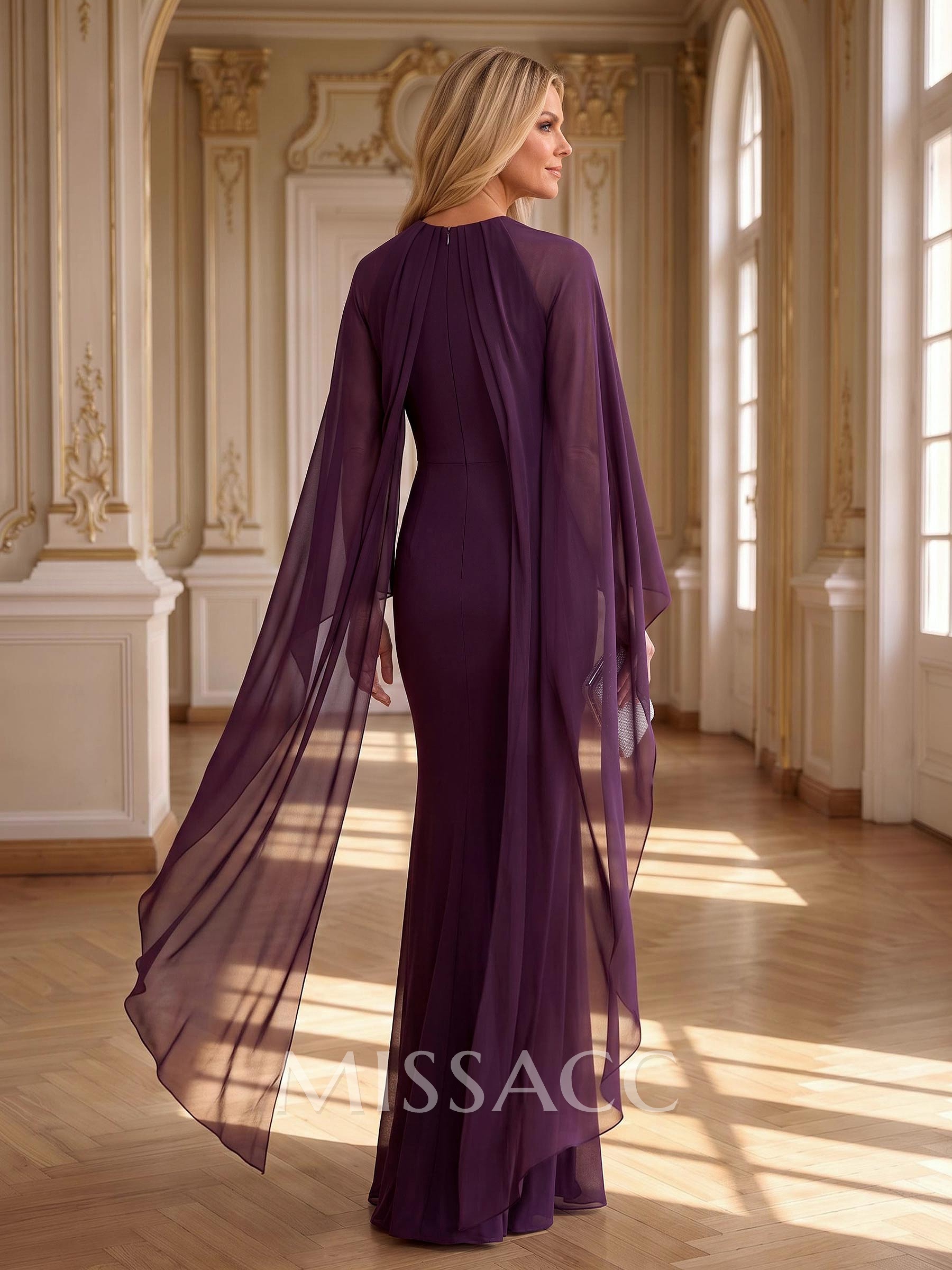 Sheath/Column Scoop Neck Cape Sleeve Floor-Length Chiffon Mother Of The Bride Dresses