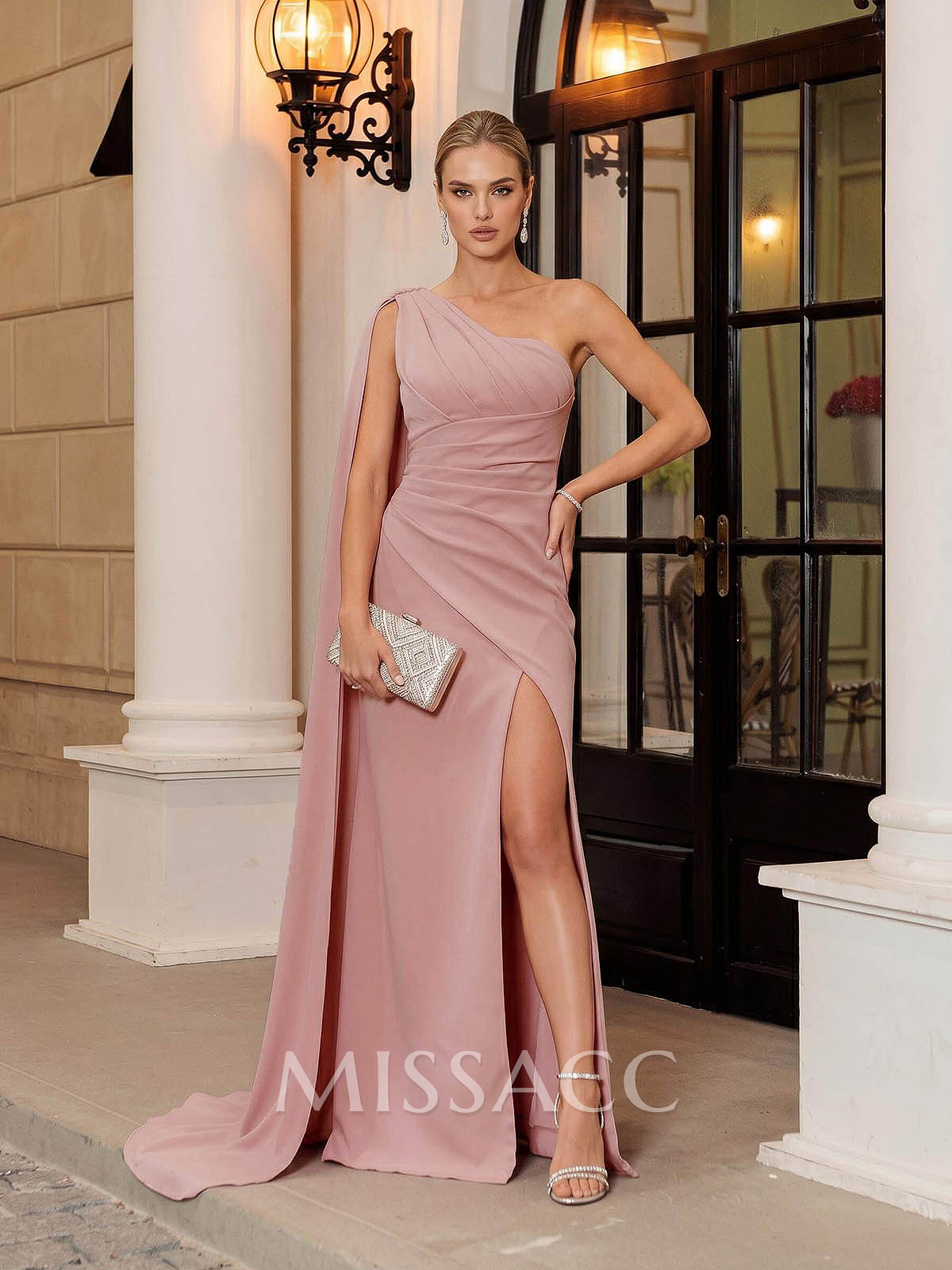 Sheath/Column One-Shoulder Sleeveless Sweep Train Crepe Satin Mother Of The Bride Dresses With High Split/Sweeping Side Drape