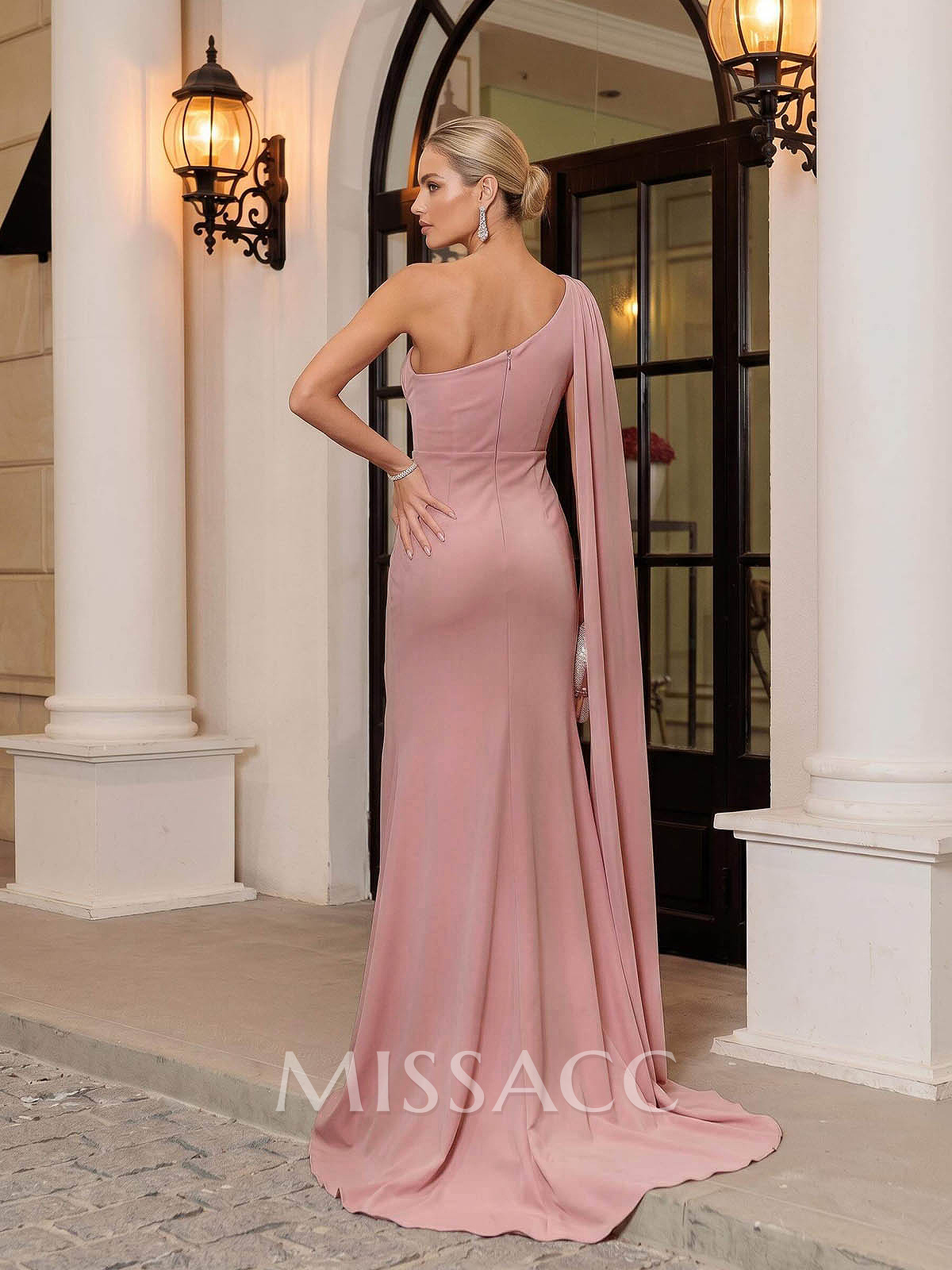 Sheath/Column One-Shoulder Sleeveless Sweep Train Crepe Satin Mother Of The Bride Dresses With High Split/Sweeping Side Drape