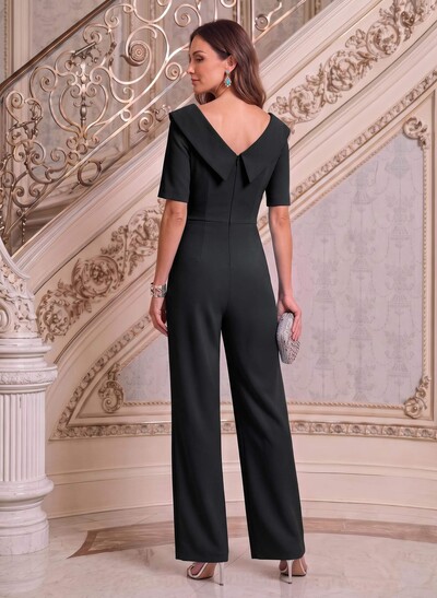 Asymmetrical Short Sleeve Floor-Length Stretch Satin Mother Of The Bride Jumpsuit / Trouser Suit