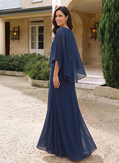 A-Line Scoop Neck Cape Sleeves Floor-Length Chiffon Mother Of The Bride Dresses With Beading