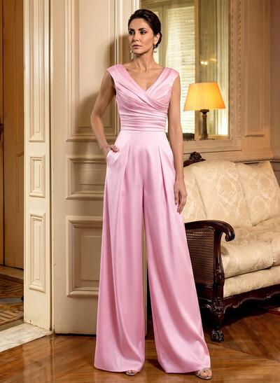 Jumpsuit/Pantsuit V-Neck Sleeveless Floor-Length Matte Satin Evening Dresses With Pockets/Pleated