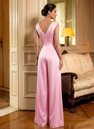 Jumpsuit/Pantsuit V-Neck Sleeveless Floor-Length Matte Satin Evening Dresses With Pockets/Pleated