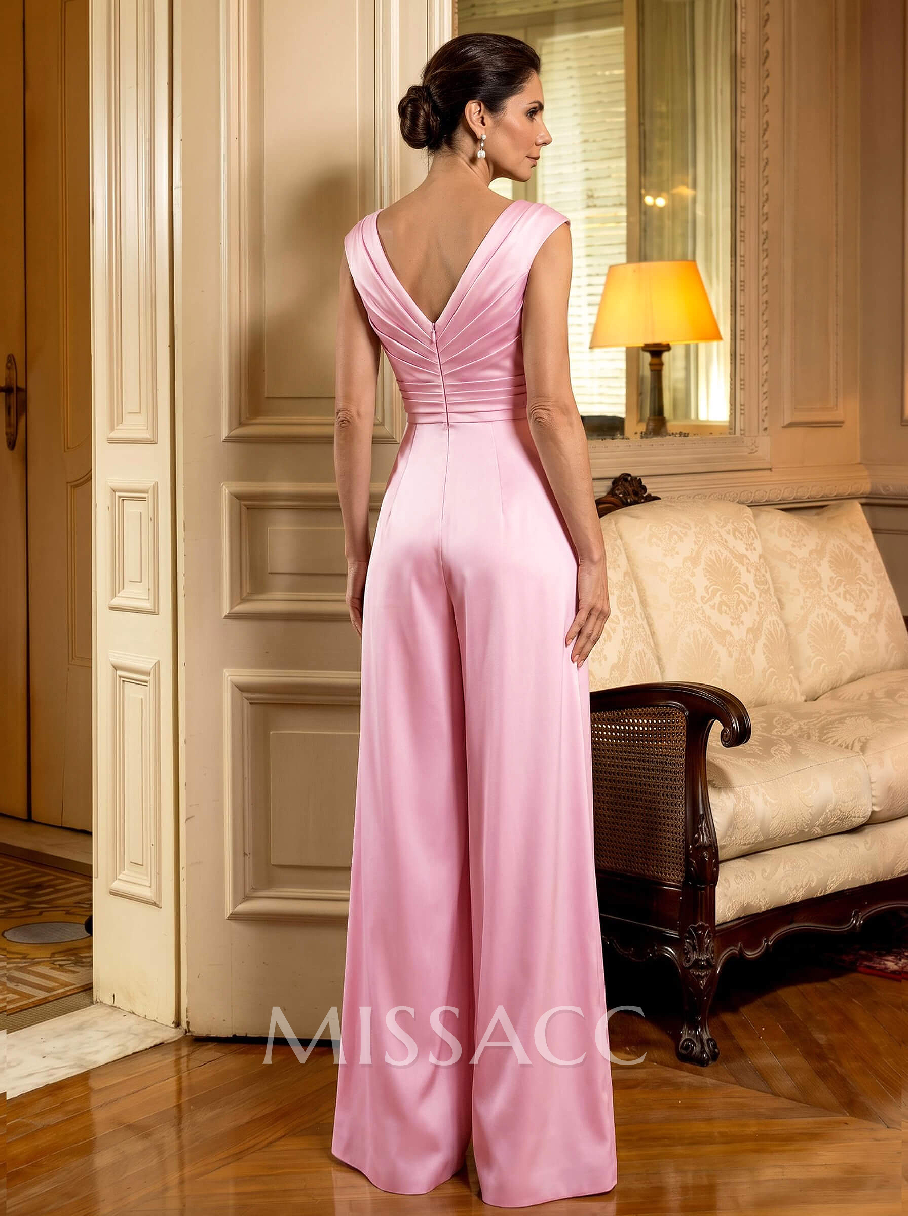 Jumpsuit/Pantsuit V-Neck Sleeveless Floor-Length Matte Satin Mother Of The Bride Dresses With Pockets/Pleated