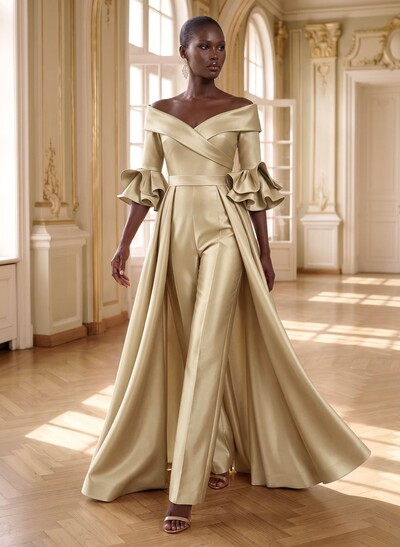 Jumpsuit/Pantsuit Off-The-Shoulder 3/4 Sleeves Sweep Train Satin Mother Of The Bride Dresses With Overskirt Dress