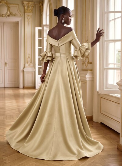 Jumpsuit/Trouser Suit Off-The-Shoulder 3/4 Sleeves Sweep Train Satin Mother Of The Bride Outfit With Overskirt