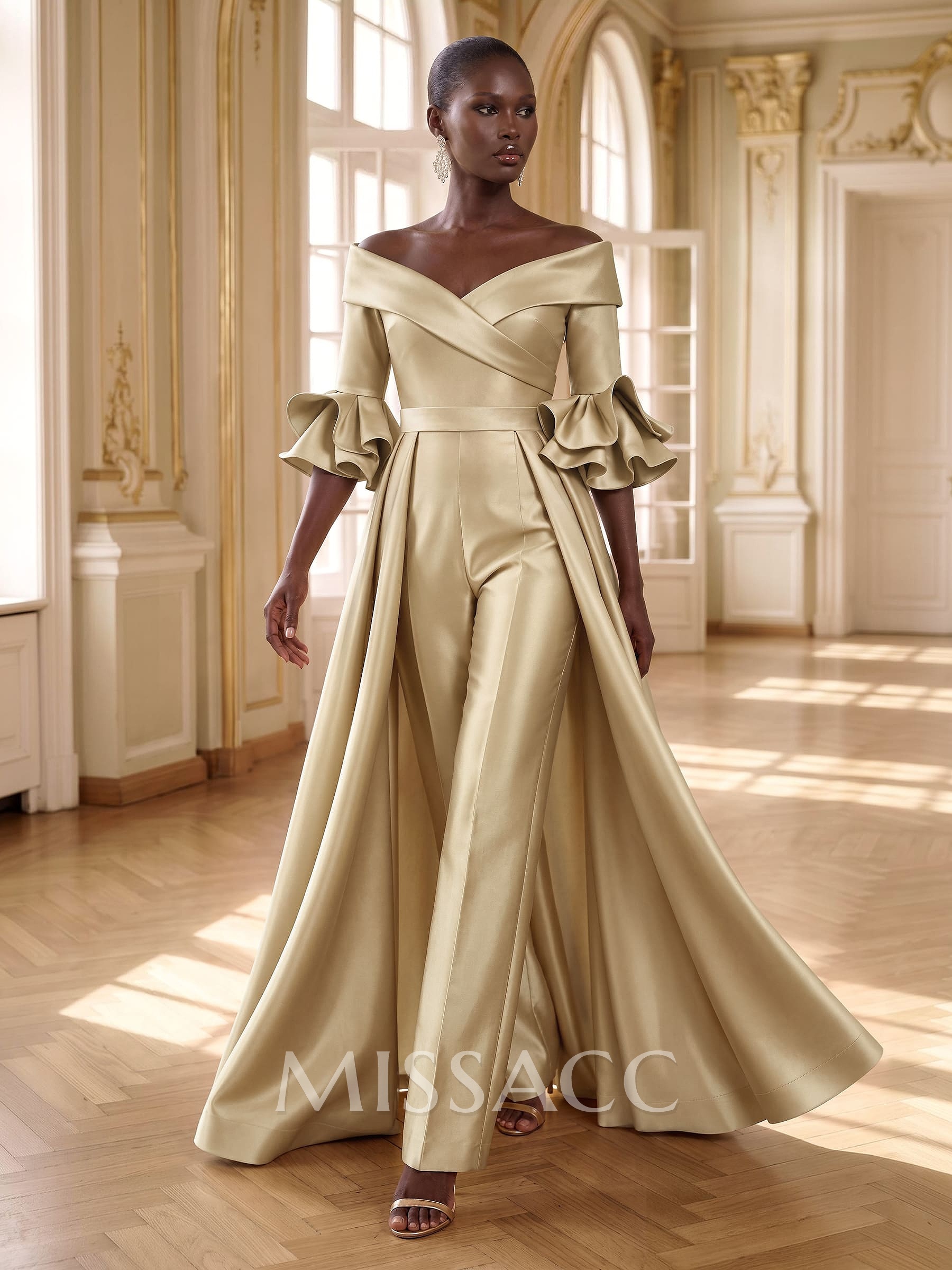 Jumpsuit/Pantsuit Off-The-Shoulder 3/4 Sleeves Sweep Train Satin Mother Of The Bride Dresses With Overskirt Dress