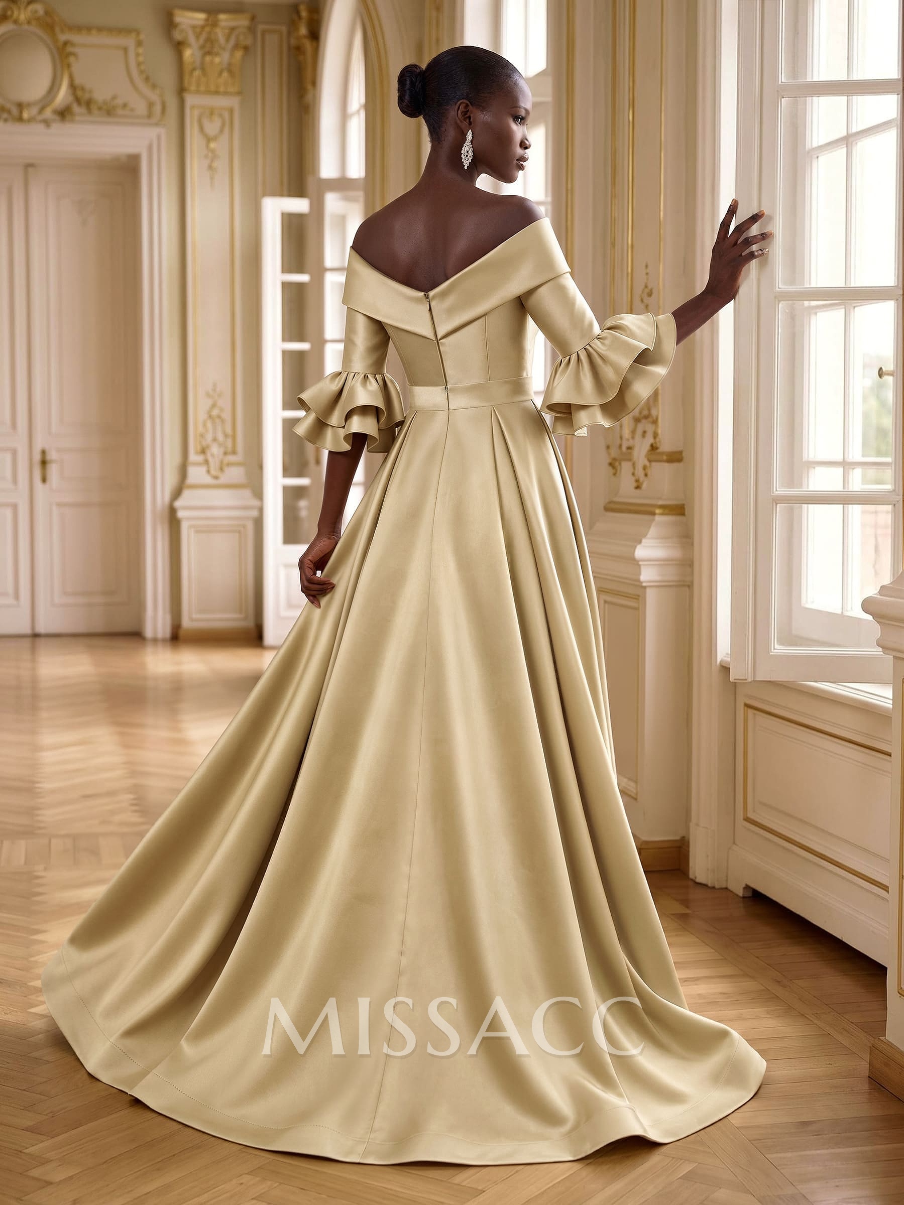 Jumpsuit/Pantsuit Off-The-Shoulder 3/4 Sleeves Sweep Train Satin Mother Of The Bride Dresses With Overskirt Dress
