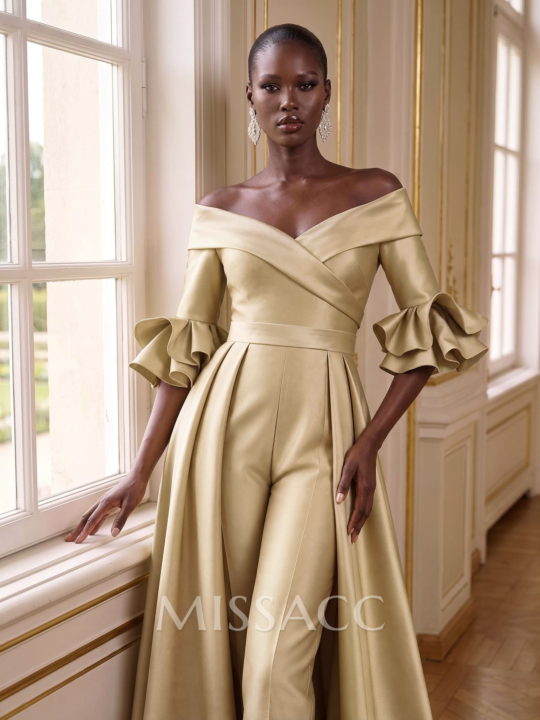 Jumpsuit/Pantsuit Off-The-Shoulder 3/4 Sleeves Sweep Train Satin Mother Of The Bride Dresses With Overskirt Dress