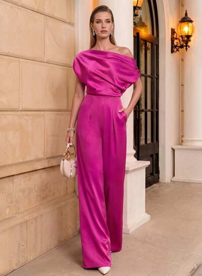 Jumpsuit/Pantsuit Asymmetrical Sleeveless Floor-Length Matte Satin Evening Dresses With Pockets