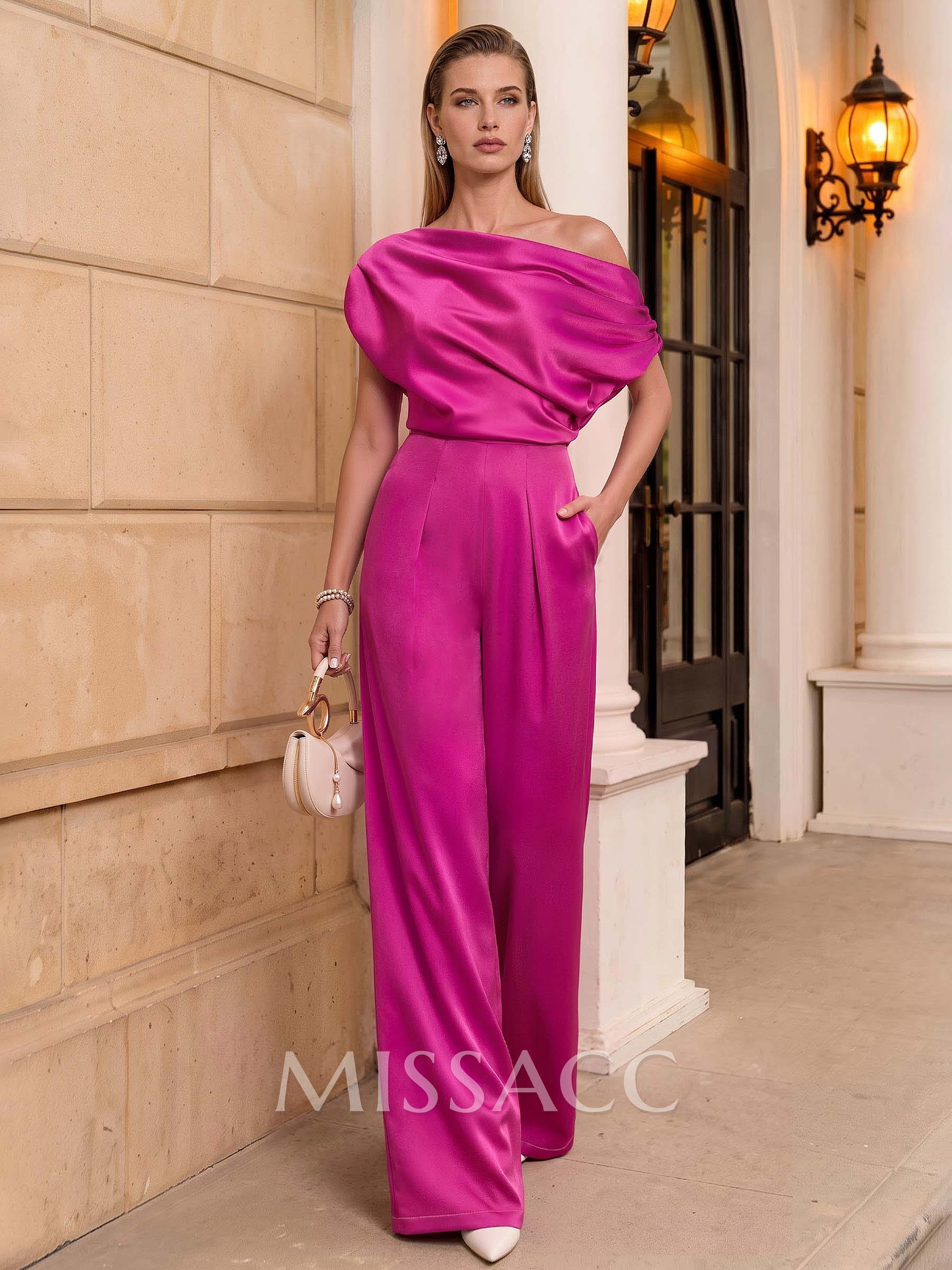 Jumpsuit/Pantsuit Asymmetrical Sleeveless Floor-Length Matte Satin Mother Of The Bride Dresses With Pockets Jumpsuit/Pantsuit Asymmetrical Sleeveless Floor-Length Matte Satin Mother Of The Bride Dresses With Pockets